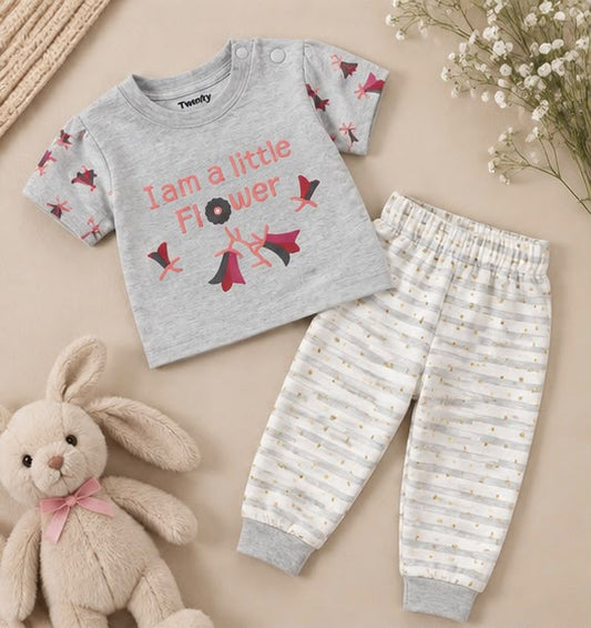Little Flower Print Tee & Striped Dot Pants Set
