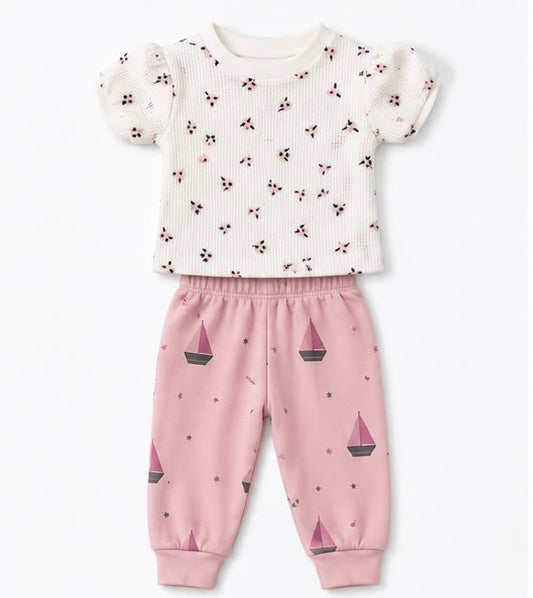 Burgundy Floral Tee & Pink Sailboat Pants Set