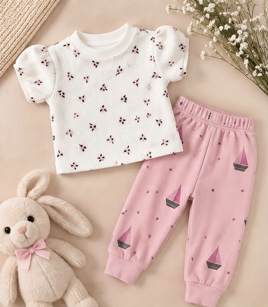 Burgundy Floral Tee & Pink Sailboat Pants Set