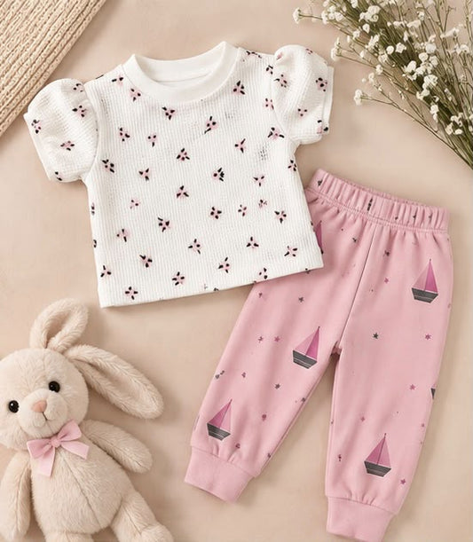 Burgundy Floral Tee & Pink Sailboat Pants Set