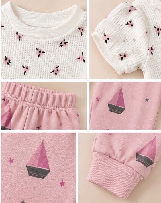 Burgundy Floral Tee & Pink Sailboat Pants Set