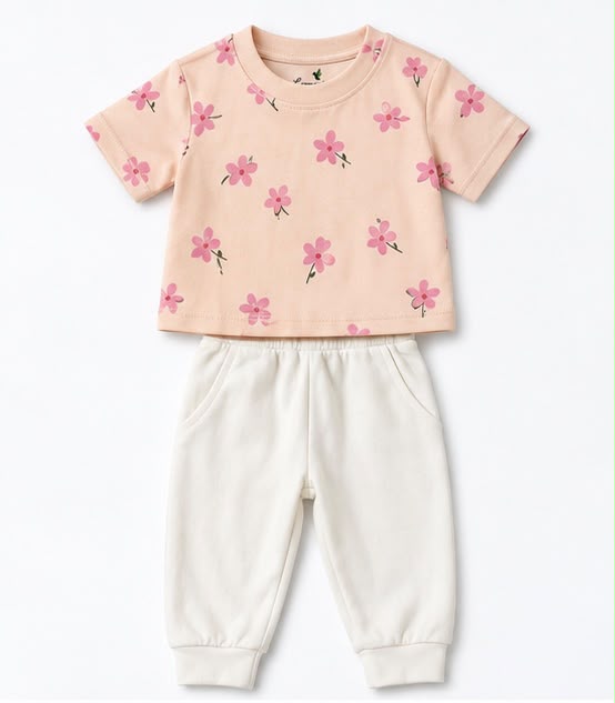 Pink Floral Print Tee & Cream Joggers Set