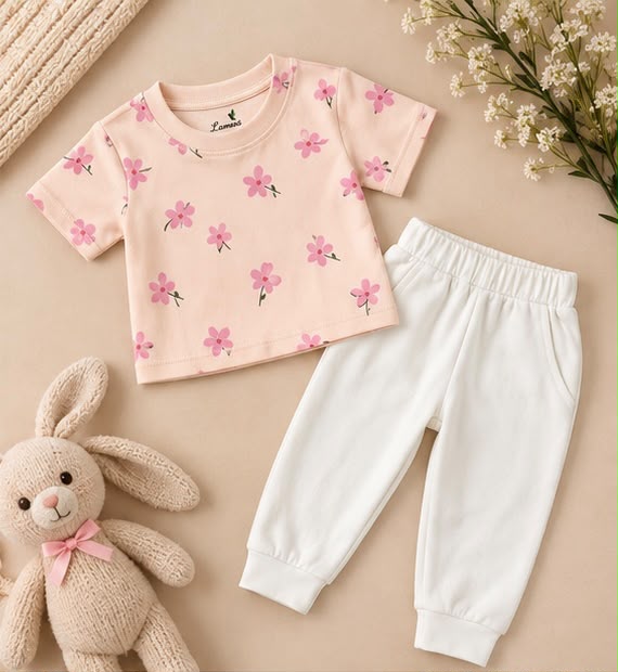 Pink Floral Print Tee & Cream Joggers Set