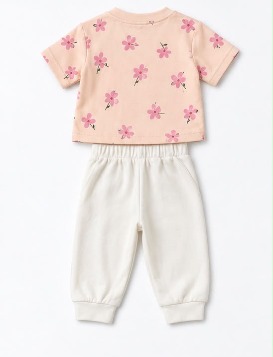 Pink Floral Print Tee & Cream Joggers Set