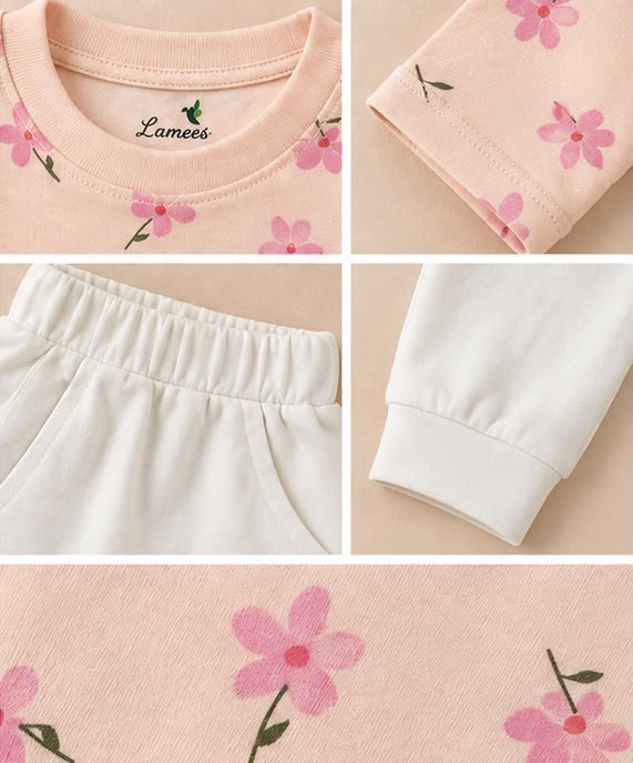 Pink Floral Print Tee & Cream Joggers Set