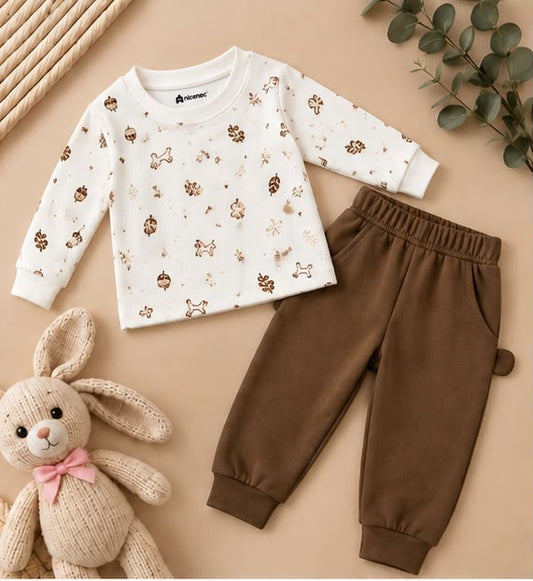 Nature Woodland Print Sweatshirt & Brown Bubble Pants Set