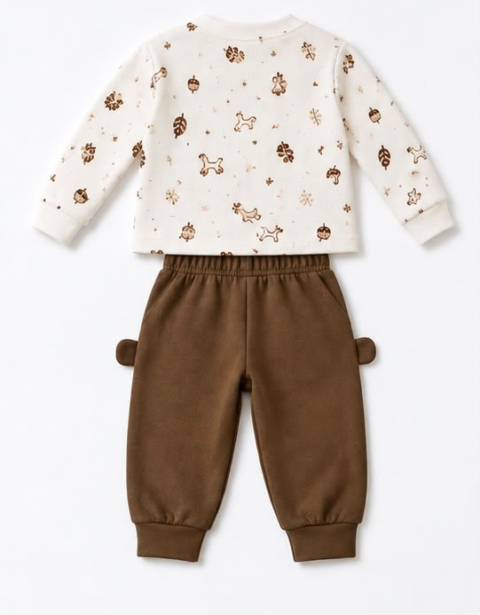 Nature Woodland Print Sweatshirt & Brown Bubble Pants Set